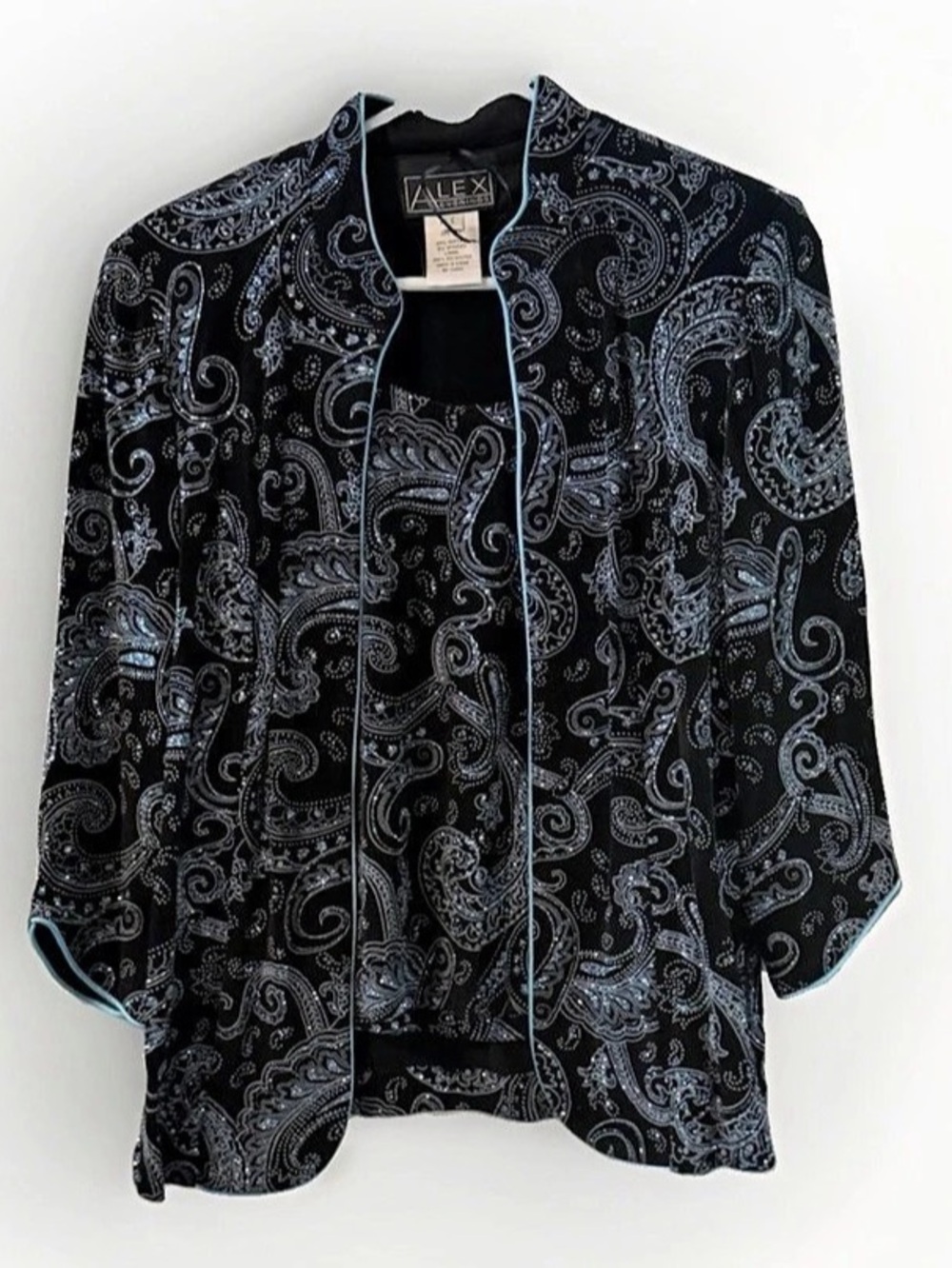 ALEX EVENINGS Paisley Jacket in Black & Blue Large Like New